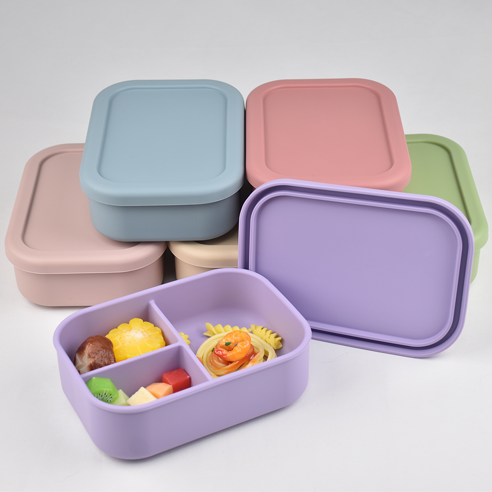 Baby Kitchen Food - 3つのコンパートメントに分かれた食品グレードシリコン製弁当箱 - 水漏れ防止、電子レンジ対応、環境に優しい子供と大人のための食事準備容器