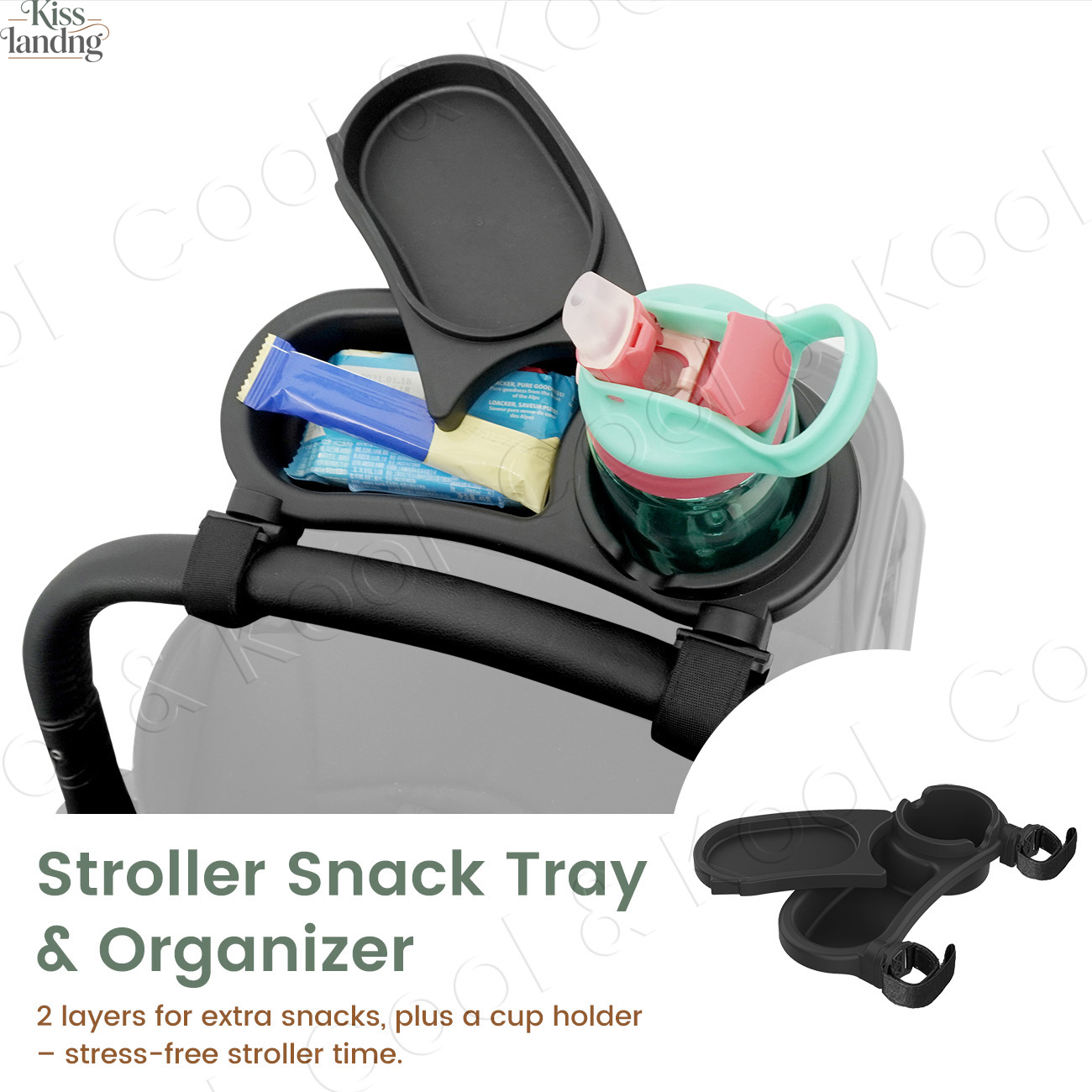 Snack Cup Toddler - ユニバーサルベビーカー用スナックトレイ、ウェビング付き二層カップホルダー、幼児や子供向けに固定可能