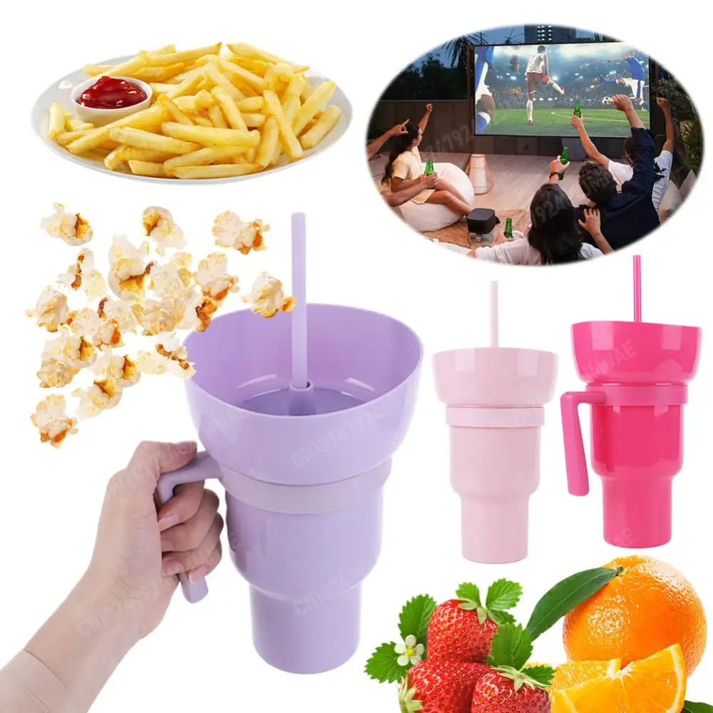 Snack Container Travel - ストローとハンドル付きのポータブルスナックコンテナ、スタジアムタンブラー、ポップコーン飲料カップ、多機能、映画館、家庭、旅行、1000ml