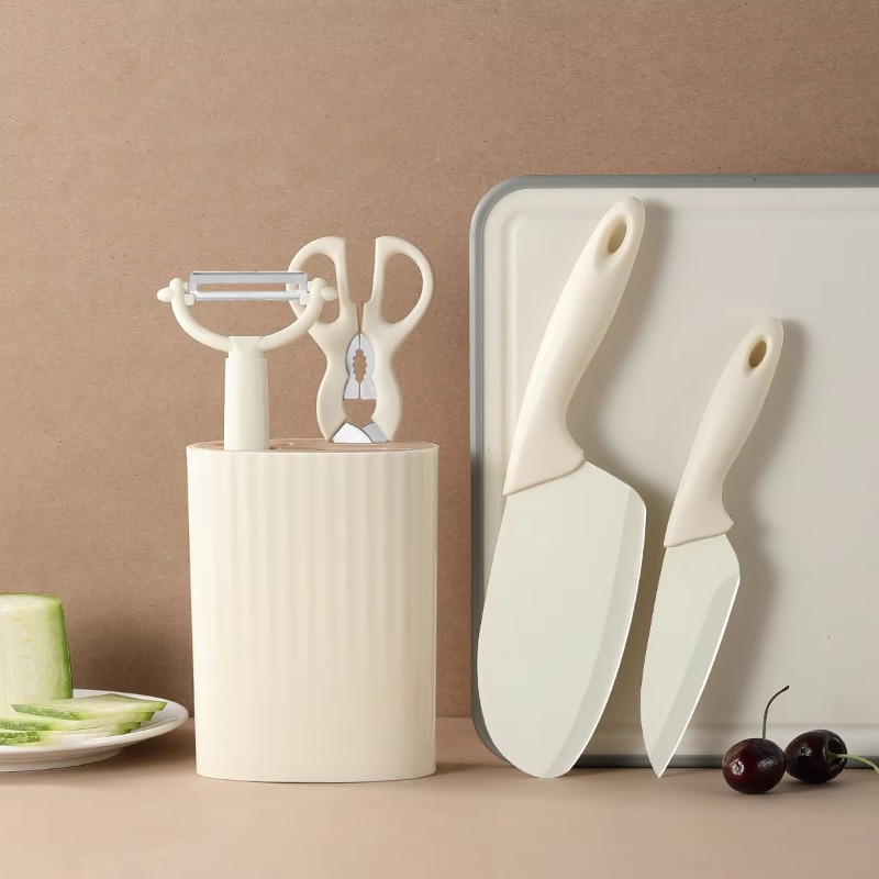 Baby Food Knife Set - 収納ホルダー付きの5点セットキッチン用品。ステンレス製のフルーツナイフ、メロンピーラー付き。家庭料理や離乳食作りに最適。