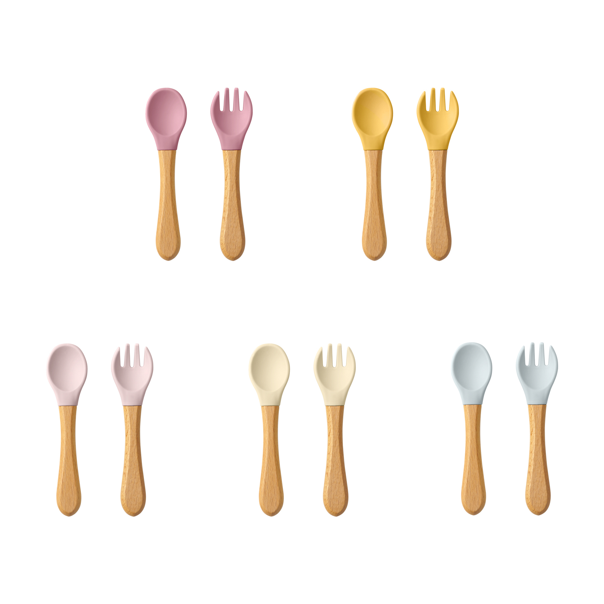 Baby Kitchen Food - 2 個ベビー学習スプーン食器セット食品グレードの木製ハンドルシリコーンスプーンフォークカトラリートレーニングスプーン給餌食器
