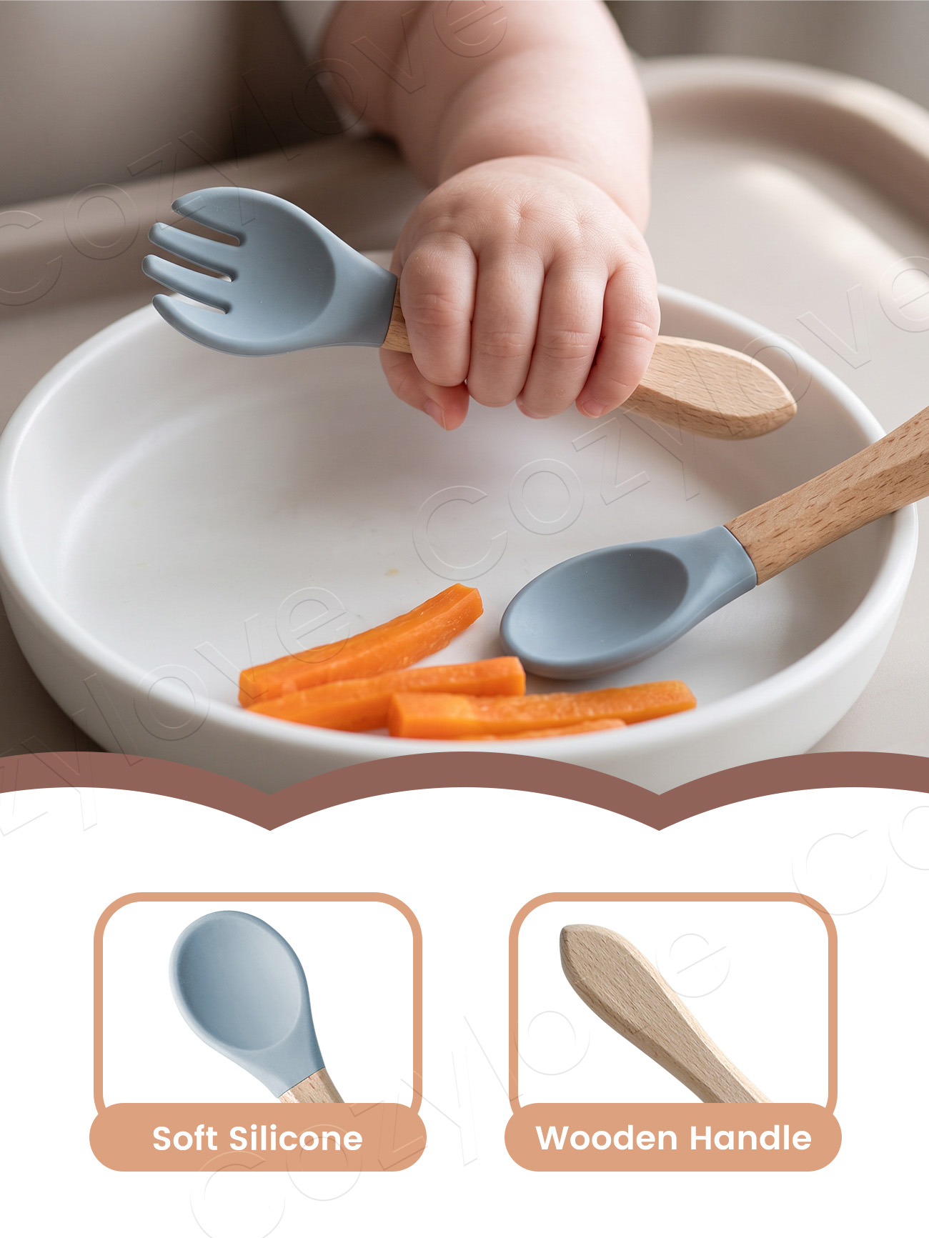 ベビーシリコンフォークスプーンセット、天然木製ハンドル付き幼 - Baby Kitchen Food のレビューと価格