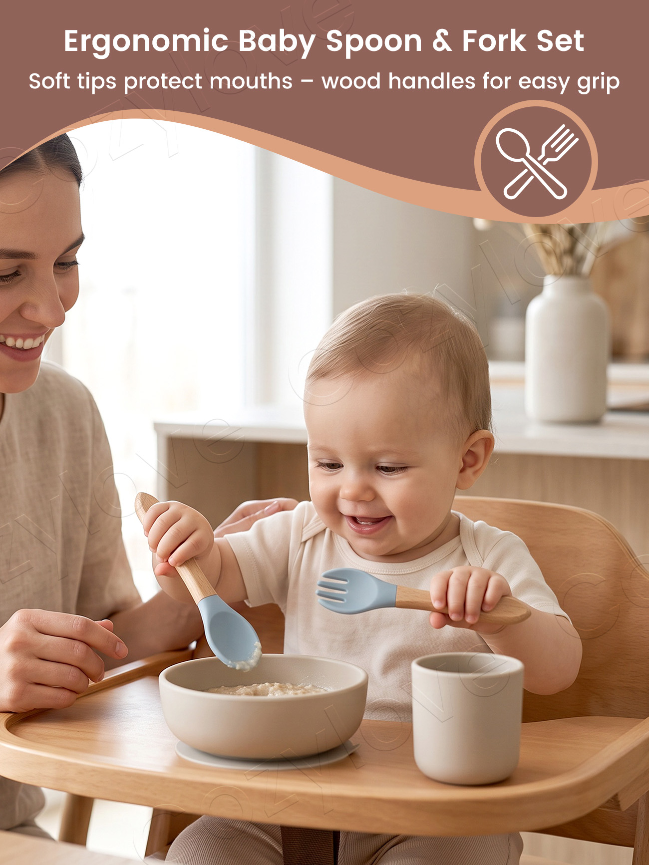 ベビーシリコンフォークスプーンセット、天然木製ハンドル付き幼 - Baby Kitchen Food のレビューと価格